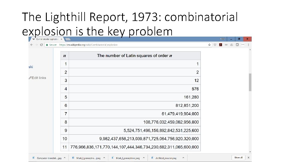 The Lighthill Report, 1973: combinatorial explosion is the key problem 
