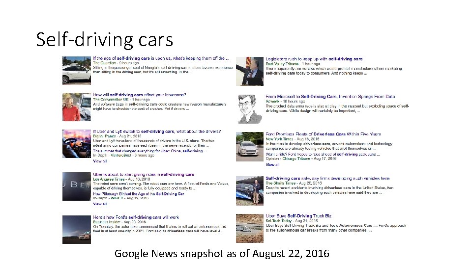 Self-driving cars Google News snapshot as of August 22, 2016 