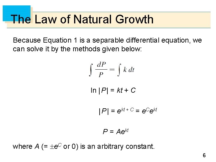 The Law of Natural Growth Because Equation 1 is a separable differential equation, we