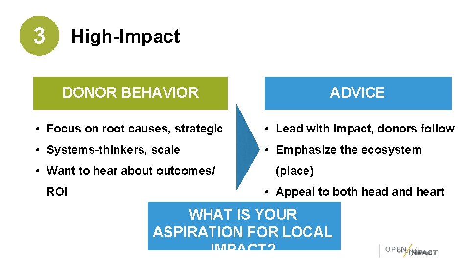 3 High-Impact DONOR BEHAVIOR ADVICE • Focus on root causes, strategic • Lead with