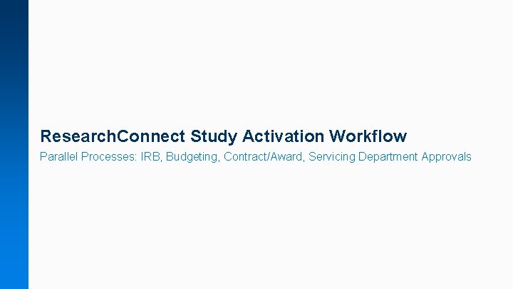 Research. Connect Study Activation Workflow Parallel Processes: IRB, Budgeting, Contract/Award, Servicing Department Approvals 