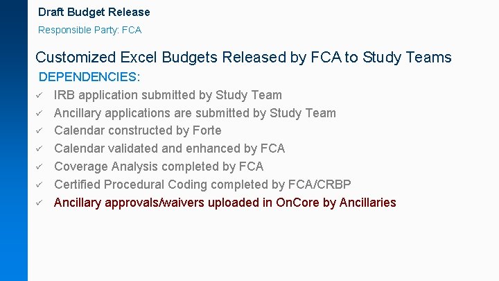 Draft Budget Release Responsible Party: FCA Customized Excel Budgets Released by FCA to Study