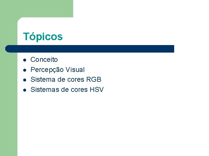 Tópicos l l Conceito Percepção Visual Sistema de cores RGB Sistemas de cores HSV