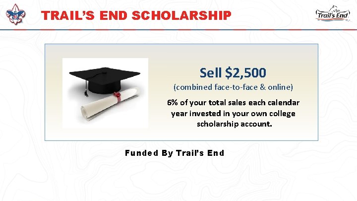 TRAIL’S END SCHOLARSHIP Sell $2, 500 (combined face-to-face & online) 6% of your total