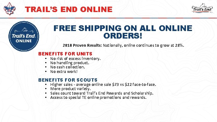 TRAIL’S END ONLINE FREE SHIPPING ON ALL ONLINE ORDERS! 2018 Proven Results: Nationally, online