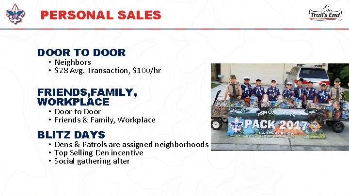 PERSONAL SALES DOOR TO DOOR • Neighbors • $28 Avg. Transaction, $100/hr FRIENDS, FAMILY,