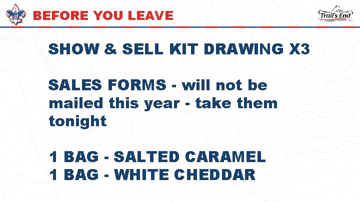 BEFORE YOU LEAVE SHOW & SELL KIT DRAWING X 3 SALES FORMS - will