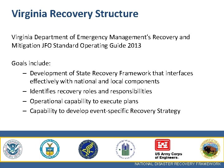 Virginia Recovery Structure Virginia Department of Emergency Management’s Recovery and Mitigation JFO Standard Operating