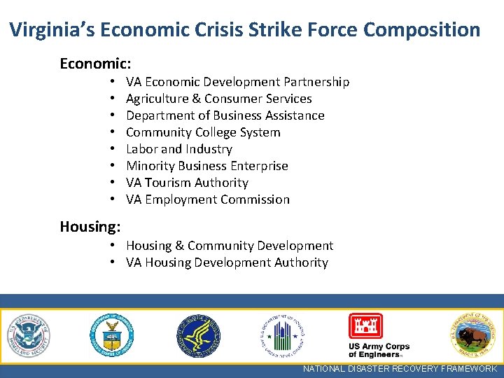 Virginia’s Economic Crisis Strike Force Composition Economic: • • VA Economic Development Partnership Agriculture