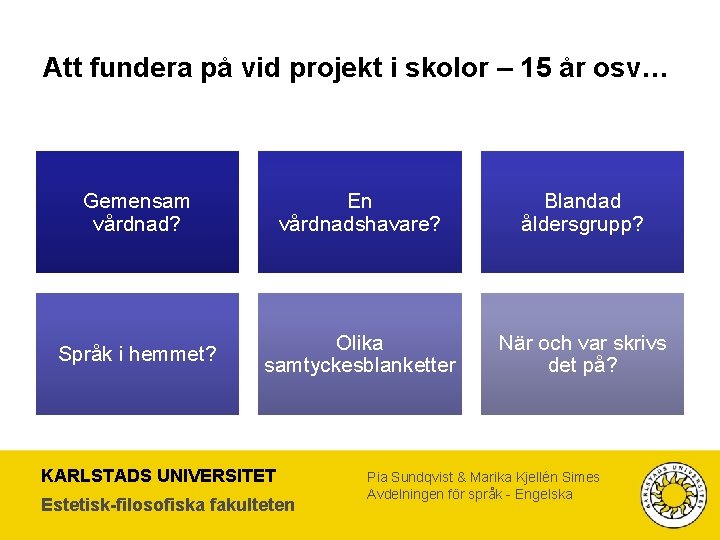 Att fundera på vid projekt i skolor – 15 år osv… Gemensam vårdnad? En