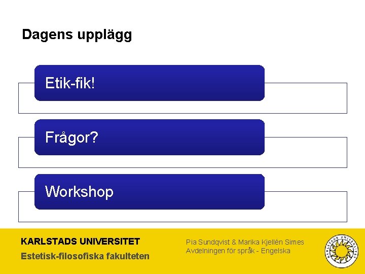 Dagens upplägg Etik-fik! Frågor? Workshop KARLSTADS UNIVERSITET Estetisk-filosofiska fakulteten Pia Sundqvist & Marika Kjellén