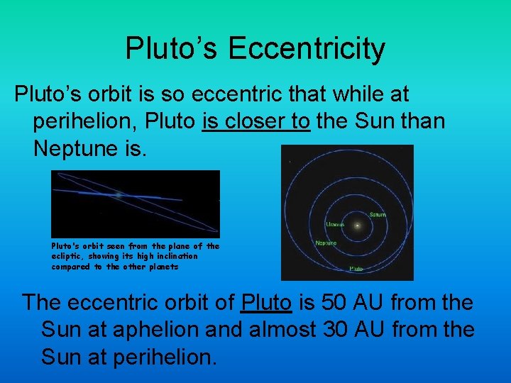 Pluto’s Eccentricity Pluto’s orbit is so eccentric that while at perihelion, Pluto is closer