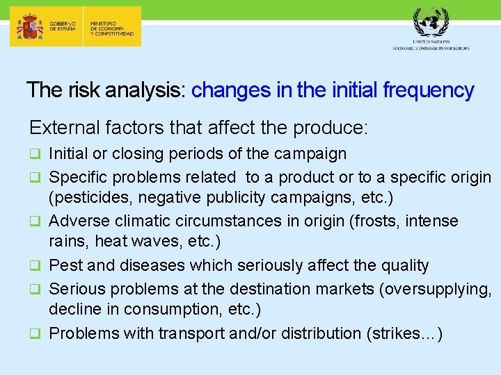 The risk analysis: changes in the initial frequency External factors that affect the produce:
