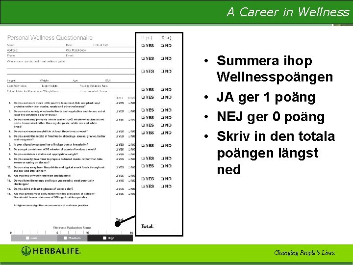 A Career in Wellness The Wellness Evaluation • Summera ihop Wellnesspoängen • JA ger