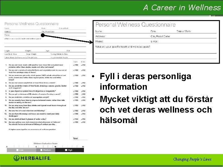 A Career in Wellness The Wellness Evaluation • Fyll i deras personliga information •