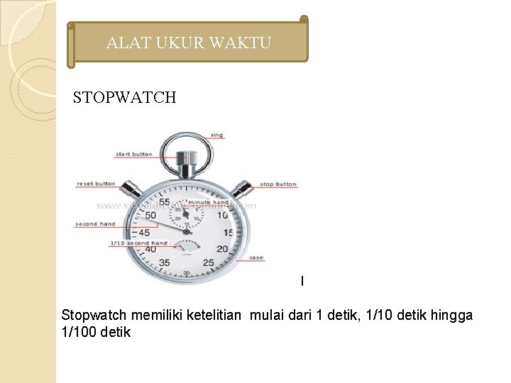 ALAT UKUR WAKTU STOPWATCH Stopwatch memiliki ketelitian mulai dari 1 detik, 1/10 detik hingga