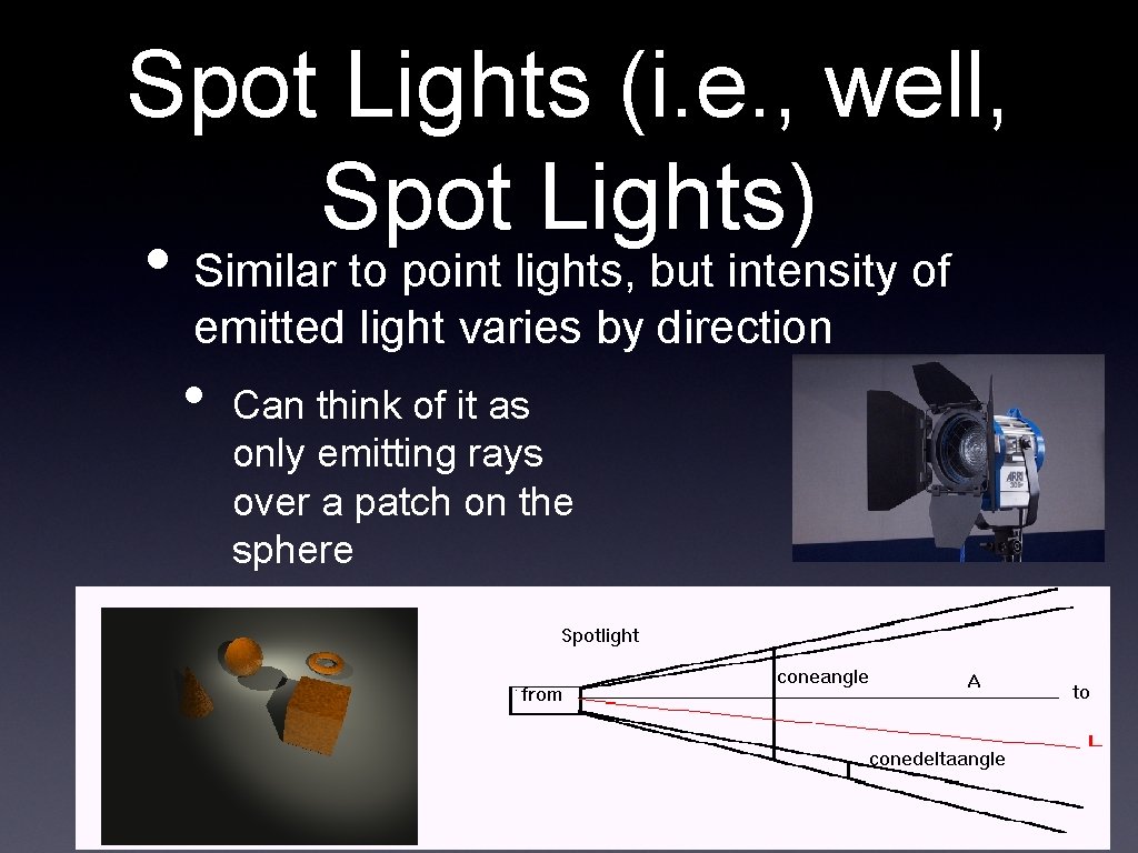 Spot Lights (i. e. , well, Spot Lights) • Similar to point lights, but