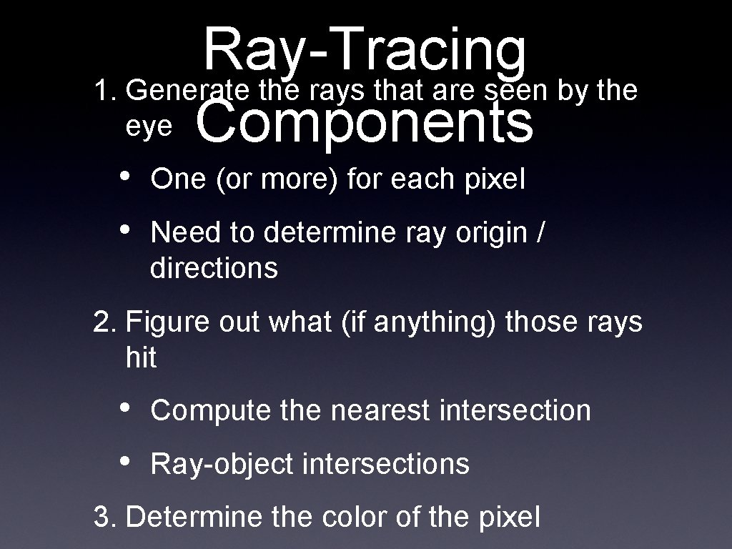 Ray-Tracing 1. Generate the rays that are seen by the eye Components • •