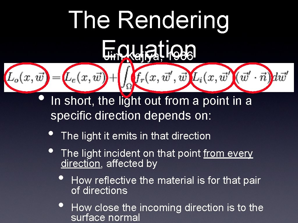 The Rendering Equation Jim Kajiya, 1986 • In short, the light out from a