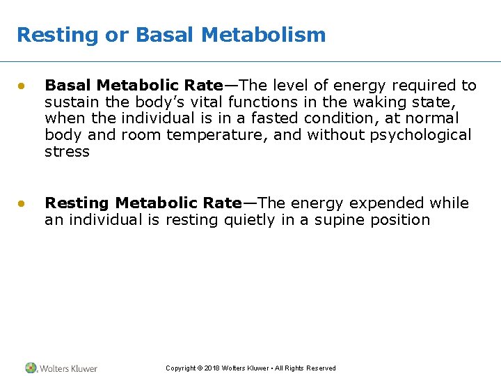 Resting or Basal Metabolism ● Basal Metabolic Rate—The level of energy required to sustain