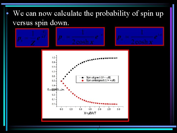  • We can now calculate the probability of spin up versus spin down.