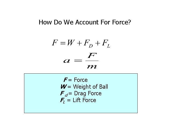 How Do We Account Force? F = Force W = Weight of Ball F