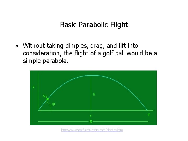 Basic Parabolic Flight • Without taking dimples, drag, and lift into consideration, the flight