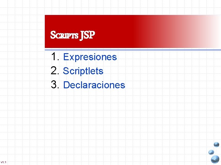 SCRIPTS JSP 1. Expresiones 2. Scriptlets 3. Declaraciones v 1. 1 