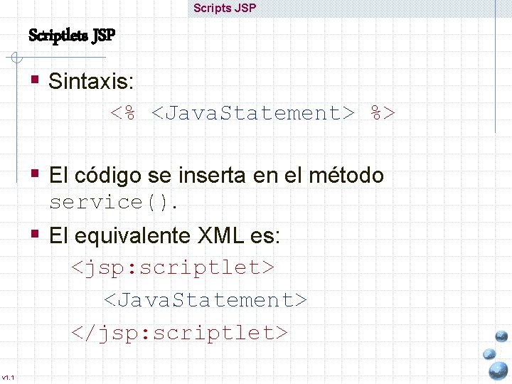 Scripts JSP Scriptlets JSP § Sintaxis: <% <Java. Statement> %> § El código se