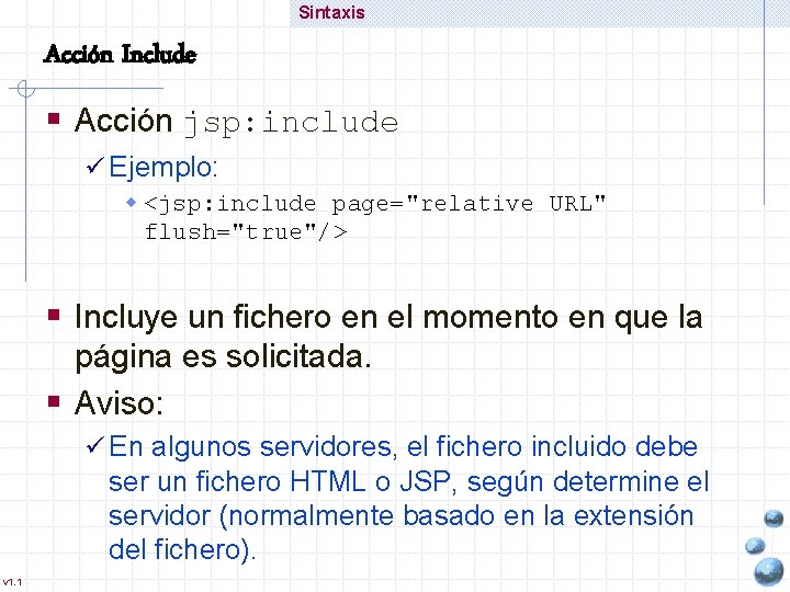 Sintaxis Acción Include § Acción jsp: include ü Ejemplo: w <jsp: include page="relative URL"