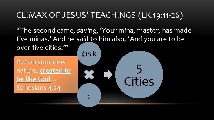 CLIMAX OF JESUS’ TEACHINGS (LK. 19: 11 -26) “The second came, saying, ‘Your mina,