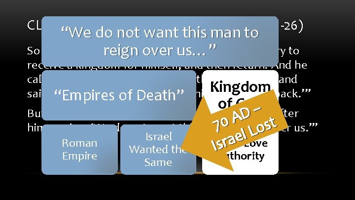 CLIMAX OF JESUS’ TEACHINGS (LK. 19: 11 -26) “We do not want this man