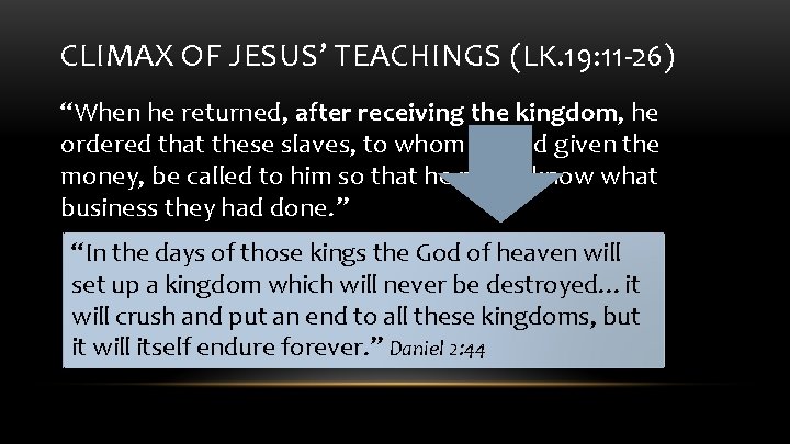 CLIMAX OF JESUS’ TEACHINGS (LK. 19: 11 -26) “When he returned, after receiving the