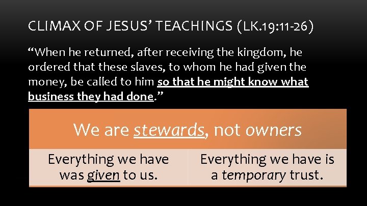 CLIMAX OF JESUS’ TEACHINGS (LK. 19: 11 -26) “When he returned, after receiving the