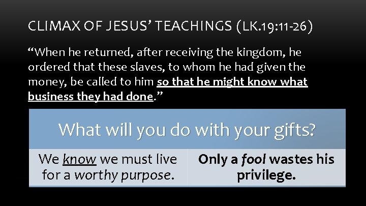 CLIMAX OF JESUS’ TEACHINGS (LK. 19: 11 -26) “When he returned, after receiving the