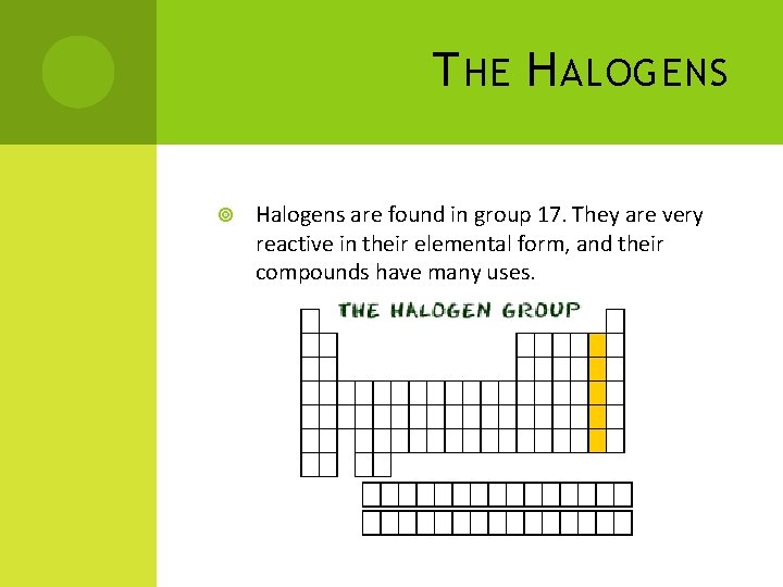 T HE H ALOGENS Halogens are found in group 17. They are very reactive
