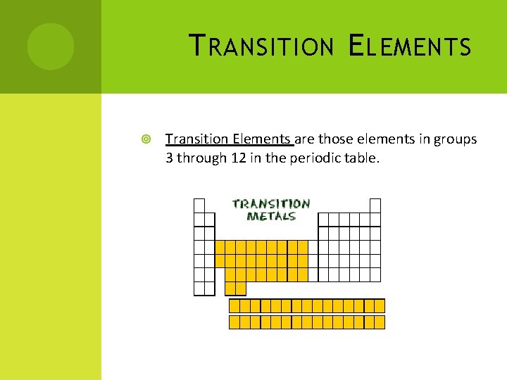 T RANSITION E LEMENTS Transition Elements are those elements in groups 3 through 12