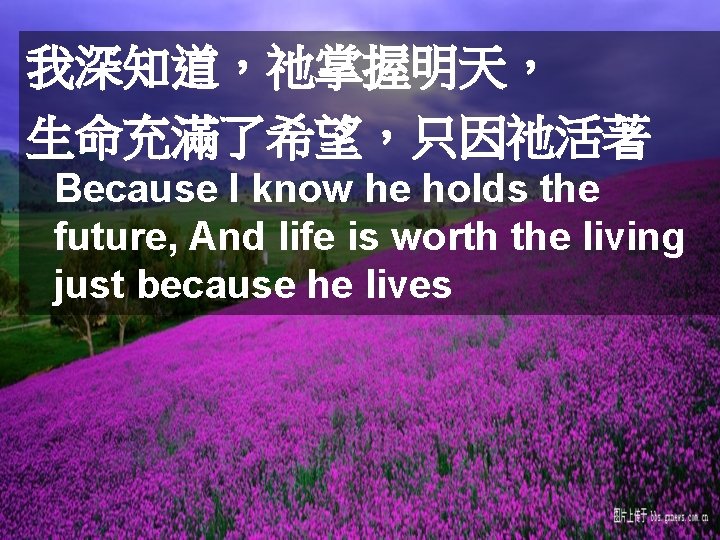 我深知道，祂掌握明天， 生命充滿了希望，只因祂活著 Because I know he holds the future, And life is worth the