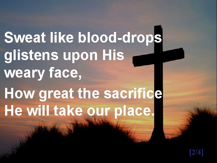 Sweat like blood-drops glistens upon His weary face, How great the sacrifice He will