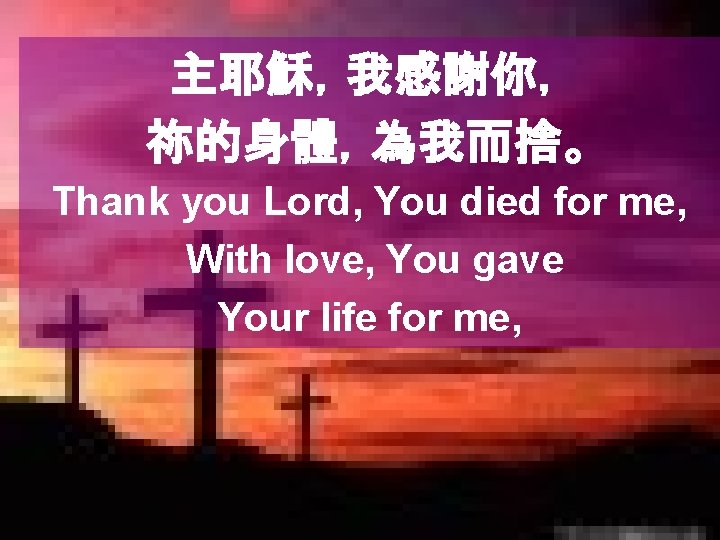 主耶穌，我感謝你， 祢的身體，為我而捨。 Thank you Lord, You died for me, With love, You gave Your