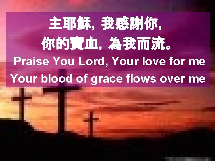 主耶穌，我感謝你， 你的寶血，為我而流。 Praise You Lord, Your love for me Your blood of grace flows