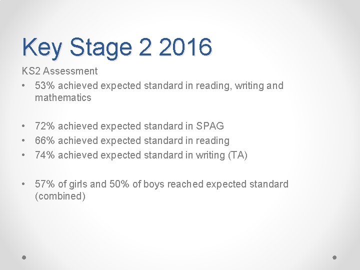 Key Stage 2 2016 KS 2 Assessment • 53% achieved expected standard in reading,