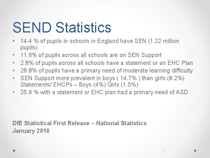 SEND Statistics • 14. 4 % of pupils in schools in England have SEN