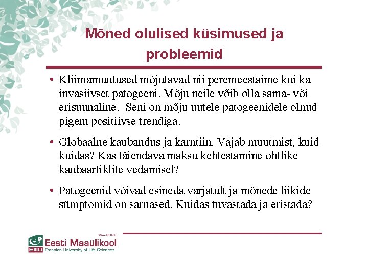 Mõned olulised küsimused ja probleemid • Kliimamuutused mõjutavad nii peremeestaime kui ka invasiivset patogeeni. Mõned olulised küsimused ja probleemid • Kliimamuutused mõjutavad nii peremeestaime kui ka invasiivset patogeeni.