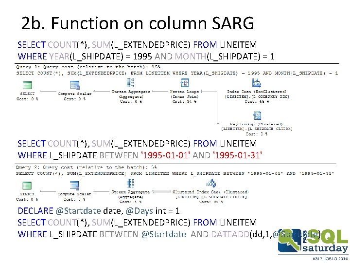 2 b. Function on column SARG SELECT COUNT(*), SUM(L_EXTENDEDPRICE) FROM LINEITEM WHERE YEAR(L_SHIPDATE) =