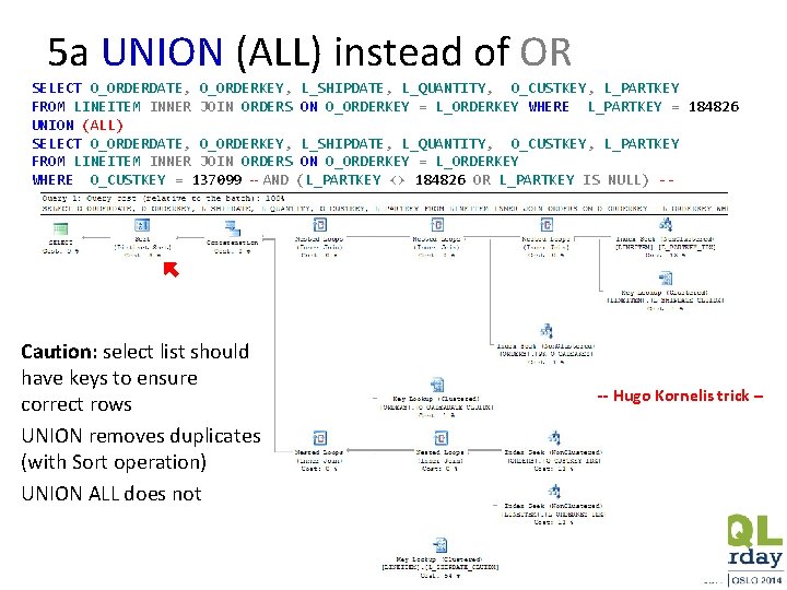 5 a UNION (ALL) instead of OR SELECT O_ORDERDATE, O_ORDERKEY, L_SHIPDATE, L_QUANTITY, O_CUSTKEY, L_PARTKEY