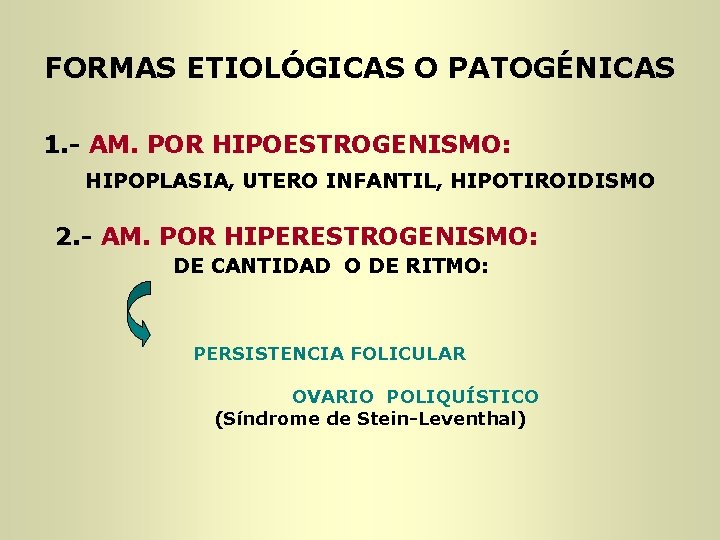 FORMAS ETIOLÓGICAS O PATOGÉNICAS 1. - AM. POR HIPOESTROGENISMO: HIPOPLASIA, UTERO INFANTIL, HIPOTIROIDISMO 2. FORMAS ETIOLÓGICAS O PATOGÉNICAS 1. - AM. POR HIPOESTROGENISMO: HIPOPLASIA, UTERO INFANTIL, HIPOTIROIDISMO 2.