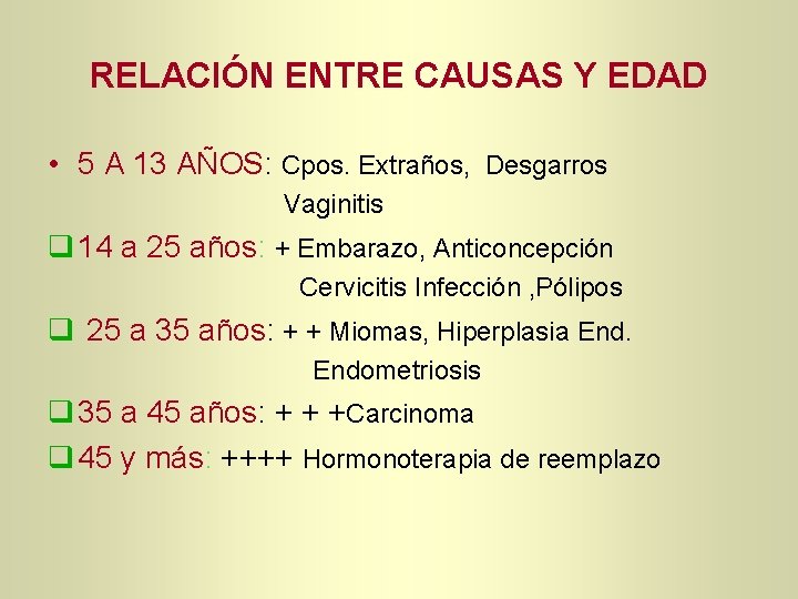 RELACIÓN ENTRE CAUSAS Y EDAD • 5 A 13 AÑOS: Cpos. Extraños, Desgarros Vaginitis RELACIÓN ENTRE CAUSAS Y EDAD • 5 A 13 AÑOS: Cpos. Extraños, Desgarros Vaginitis