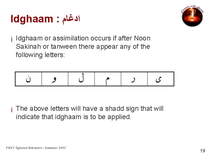 Idghaam : ﺍﺩﻏﺎﻡ ¡ Idghaam or assimilation occurs if after Noon Sakinah or tanween