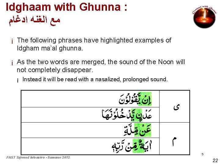 Idghaam with Ghunna : ﻣﻊ ﺍﻟﻐﻨﻪ ﺍﺩﻏﺎﻡ ¡ The following phrases have highlighted examples
